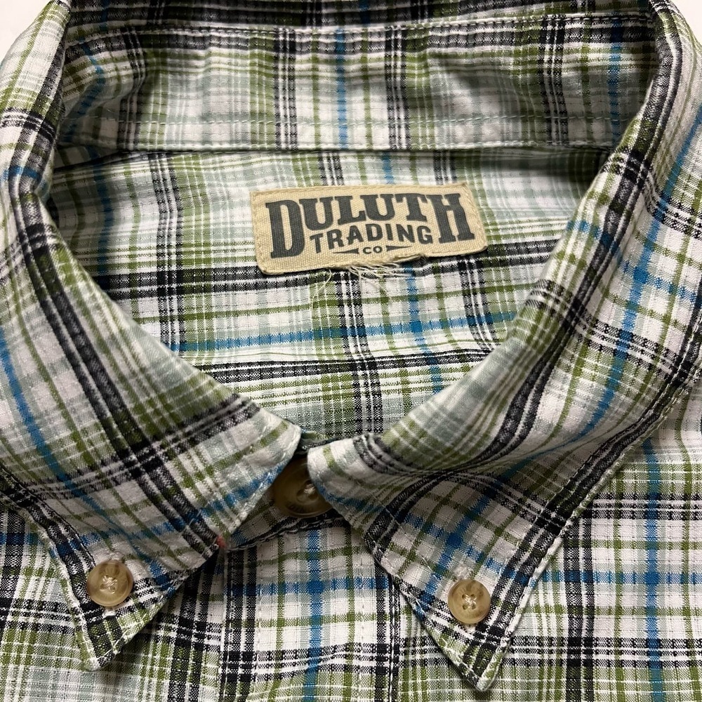 Duluth Trading Co Men’s Green/Blue Plaid Short Sleeve Button Down Shirt Sz L - Picture 2 of 4